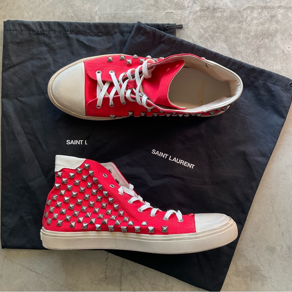 NEW Men's YSL Saint Laurent red leather trimmed studded high top size 44 US 11